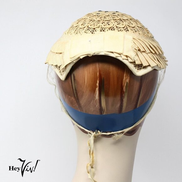 Vintage 50s Cocktail Hat Ivory Intricate Lace Design Rhinestones Veil - Hey Viv - Picture 3 of 6